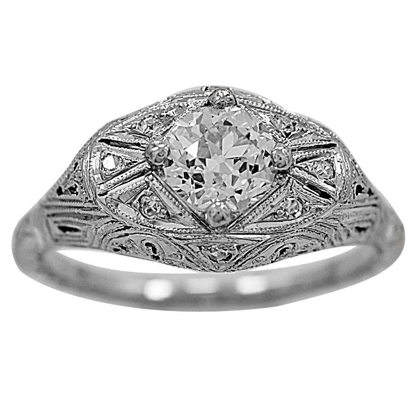 Art Deco .65 Carat Diamond Platinum Engagement Ring For Sale