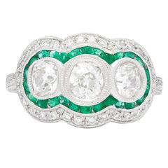 Three Stone Old Mine Cut Diamond Emerald Platinum Ring 5