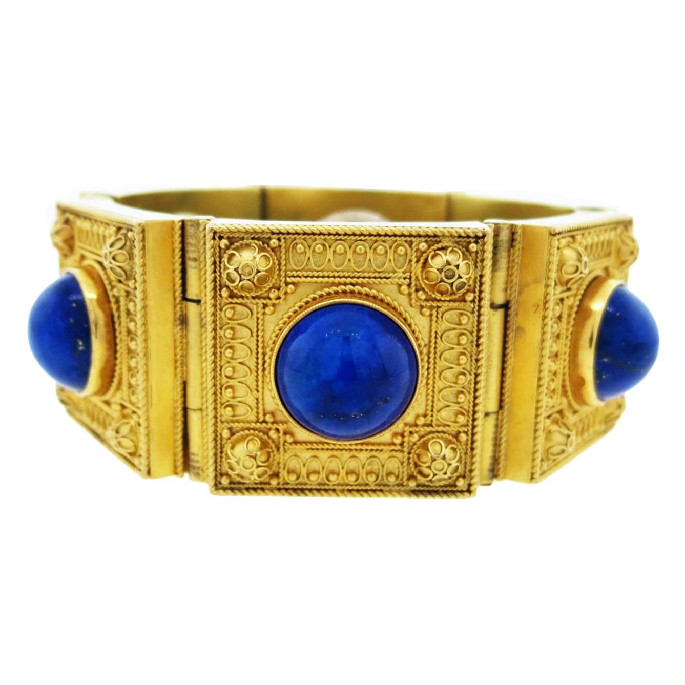 Remarkable Antique Lapis Lazuli Locket Gold Bracelet For Sale