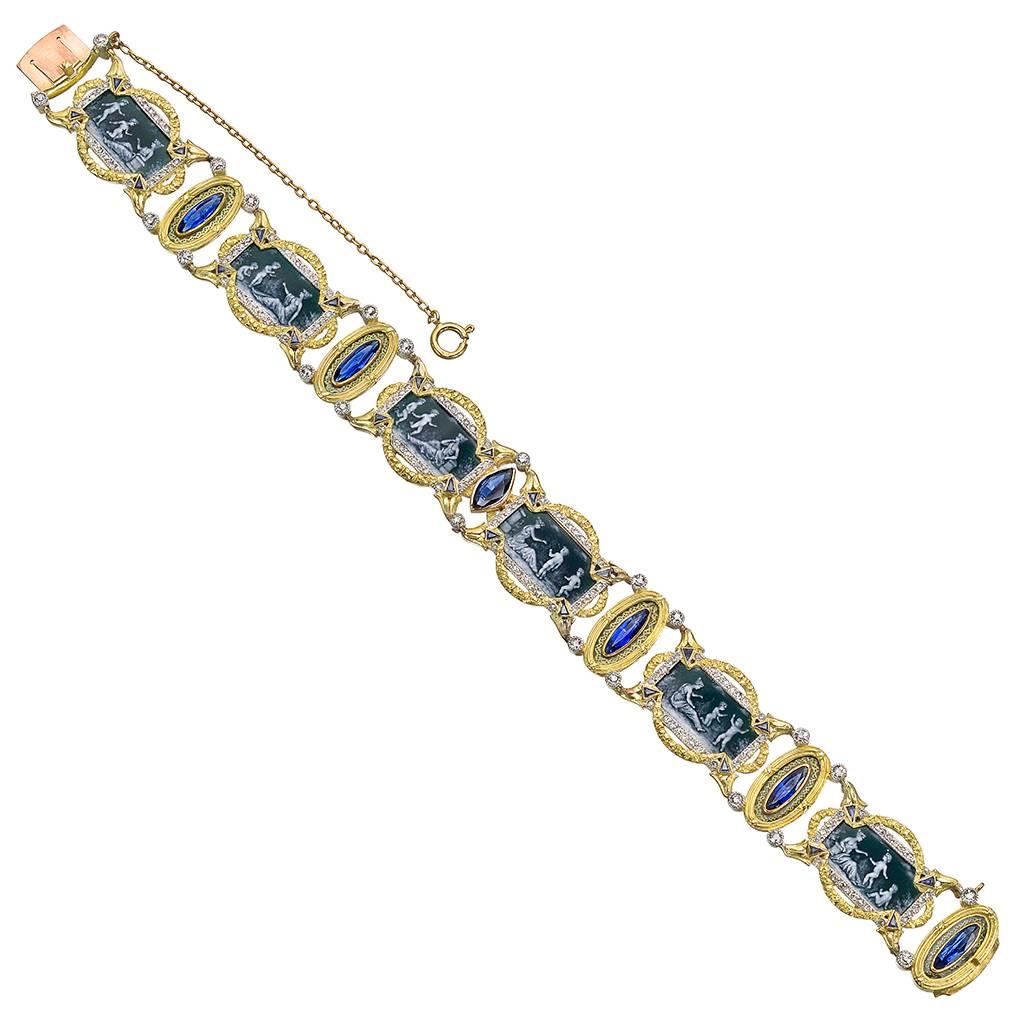 Late 19th Century Grisaille Enamel Sapphire Diamond Gold Link Bracelet