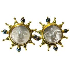 Vintage Elizabeth Locke Carved Moonstone Moon Face Pearl Gold Earrings