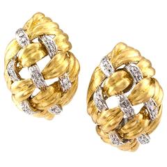 Diamond Gold Domed Basket Weave Ear Clips