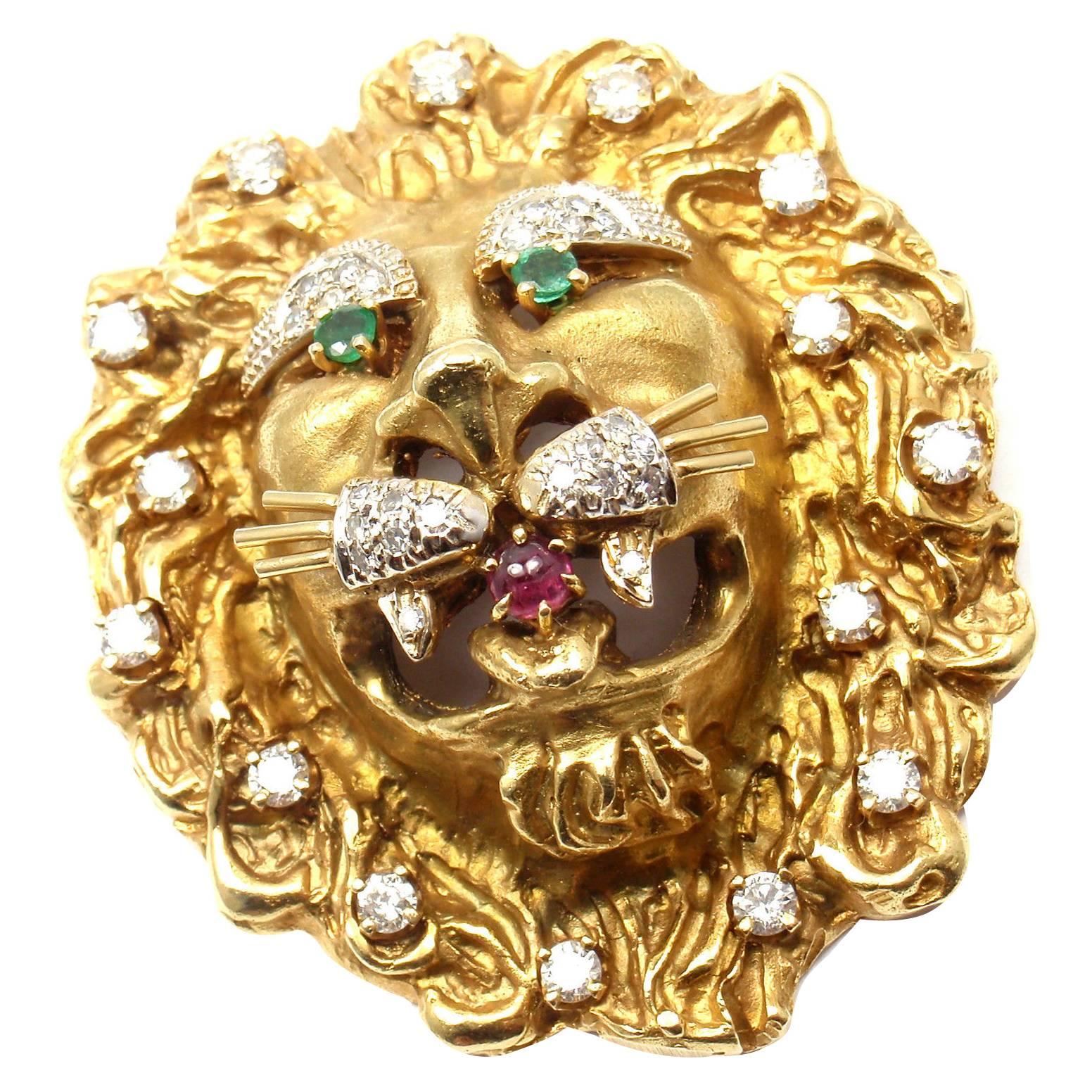 Hammerman Brothers Emerald Ruby Diamond Gold Lion Pendant Pin Brooch