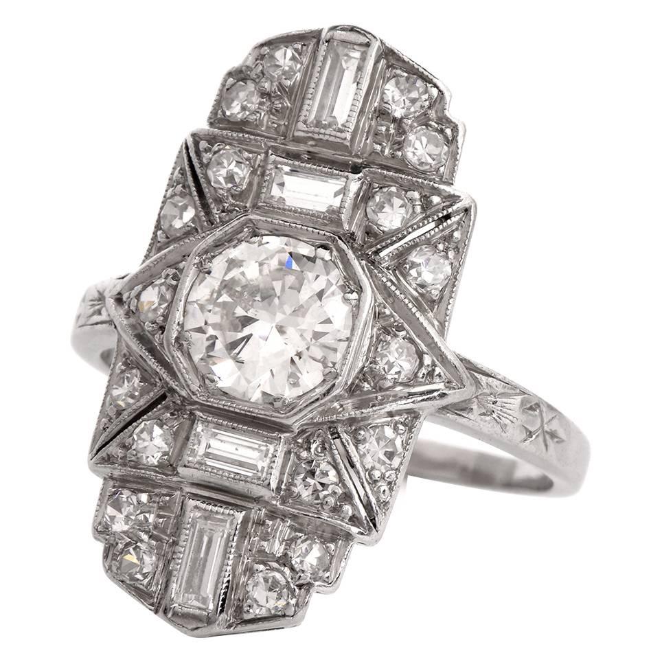 Art Deco Diamond Platinum Filigree Long Ring