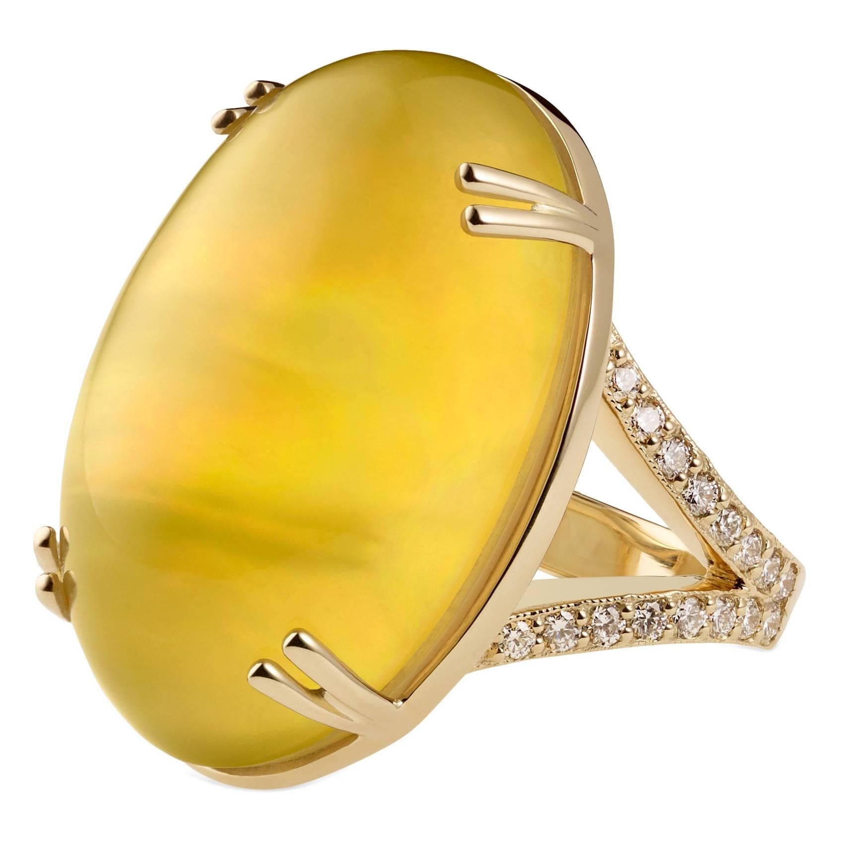 Misahara 68 Carat Moonstone Diamond Yellow Gold Chara Ring For Sale
