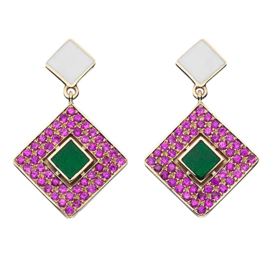 Sabine Getty Enamel Sapphire Gold Harlequin Earrings Set 