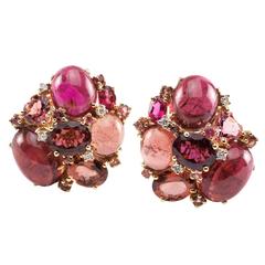 Pink Tourmaline Diamond Gold Cluster Earrings 9