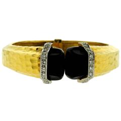 R. Stone Onyx Diamond Gold Hammered Finish Cuff Bracelet 