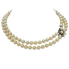 Vintage Cultured Pearl Necklace with Diamond Clasp