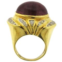 Large Pink Tourmaline Cabochon Diamond Gold Ring