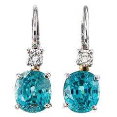 Natural Blue Zircon Diamond Gold Earrings