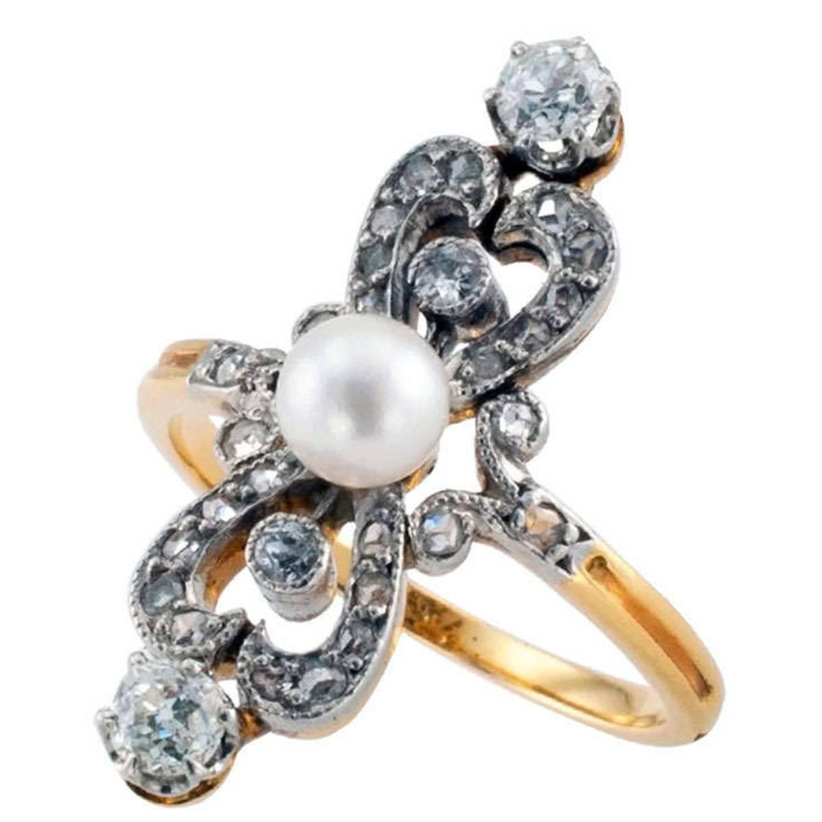  Edwardian Pearl Diamond Gold Ring Circa 1910
