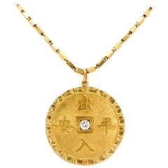 Diamond Gold Asian Coin on Chain Necklace