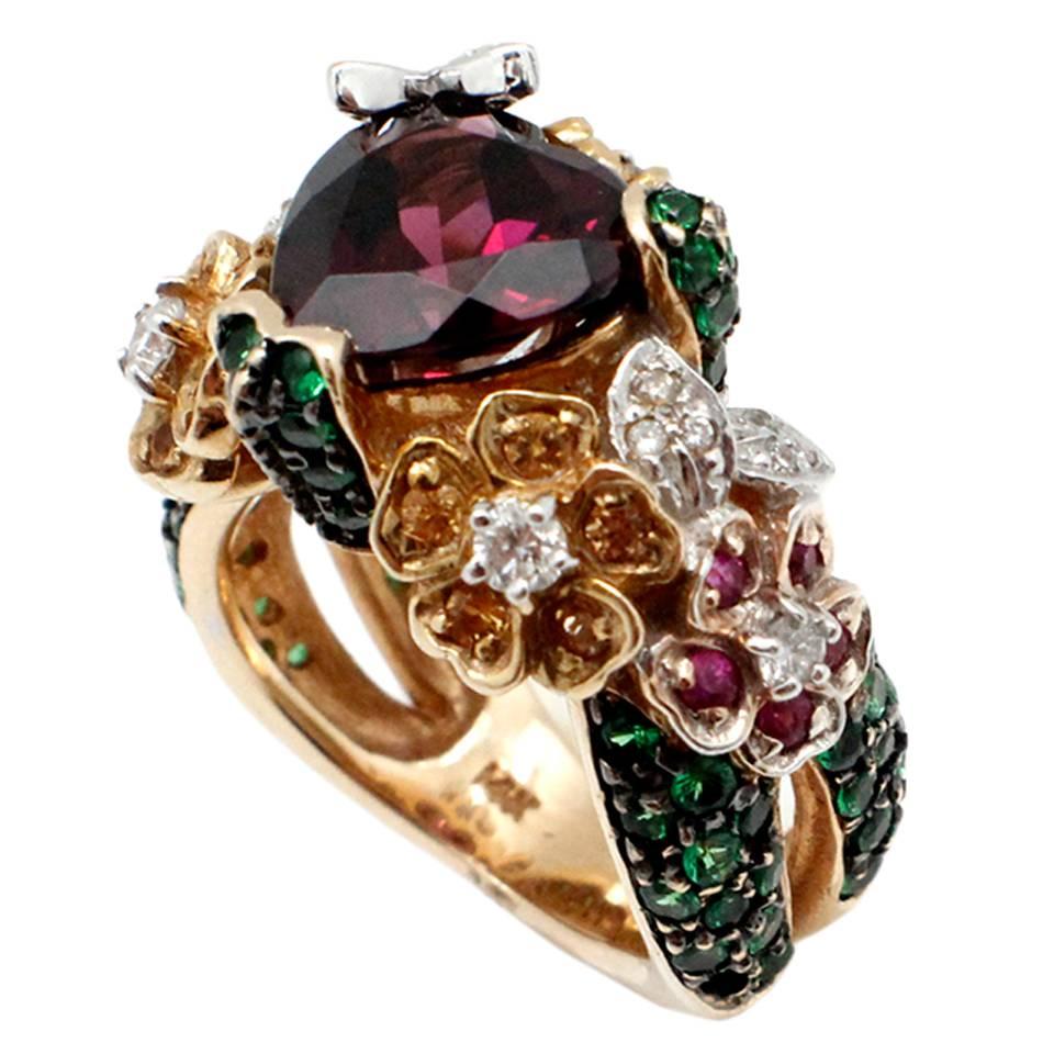 Heart Shaped Garnet Sapphire Tsavorite Diamond Two Color Gold Ring For Sale