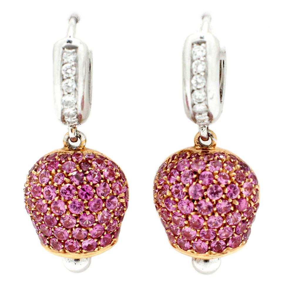 Pink Sapphire Diamond Two Color Gold Dangle Earrings For Sale