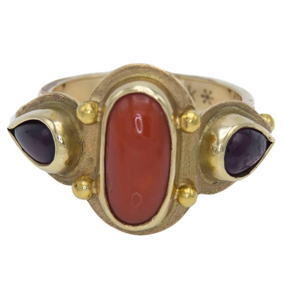 Oval Coral Pear Shaped Garnets Gold Ring