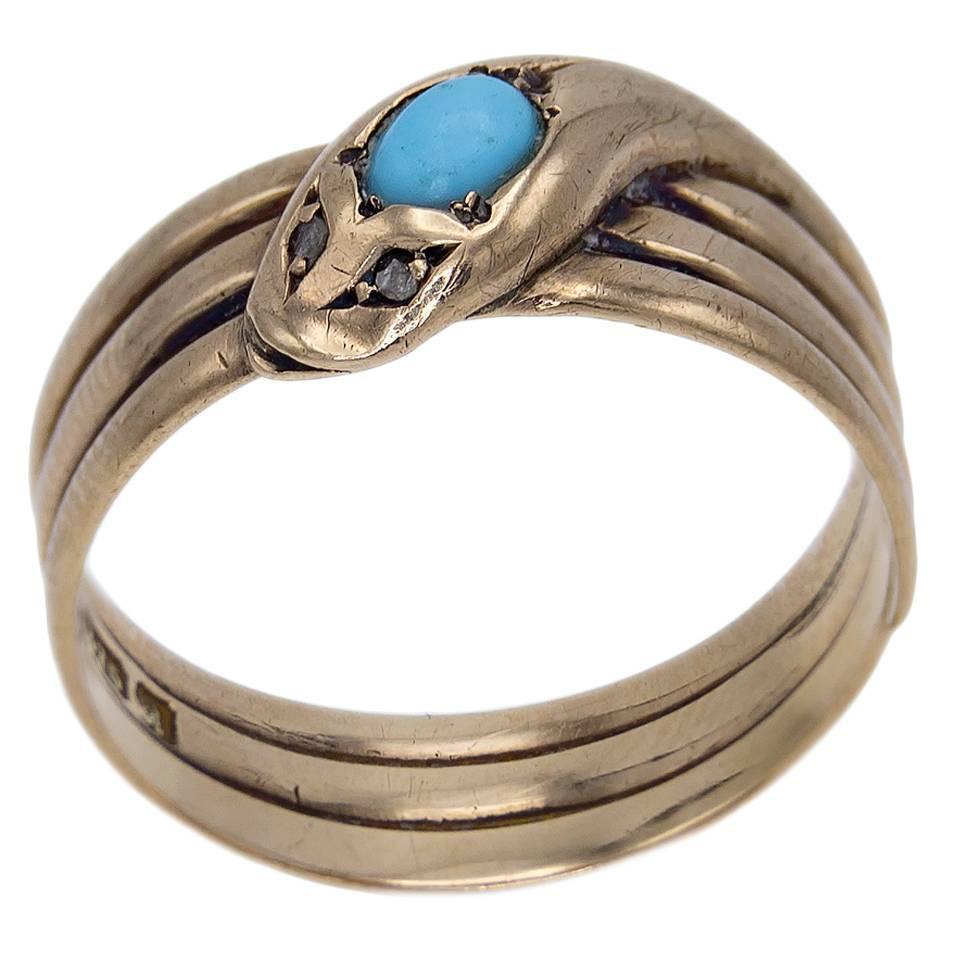 1910s Turquoise Diamond Rose Gold Snake Ring