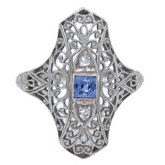 Art Deco Sapphire Diamond Gold Filigree Ring, 1930s