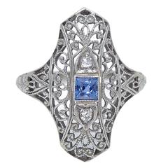 Art Deco Sapphire Diamond Gold Filigree Ring 1930's 7