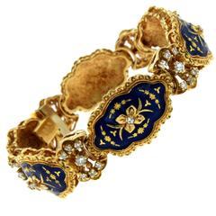 Bracciale italiano anni '80 in oro con smalto blu e diamanti