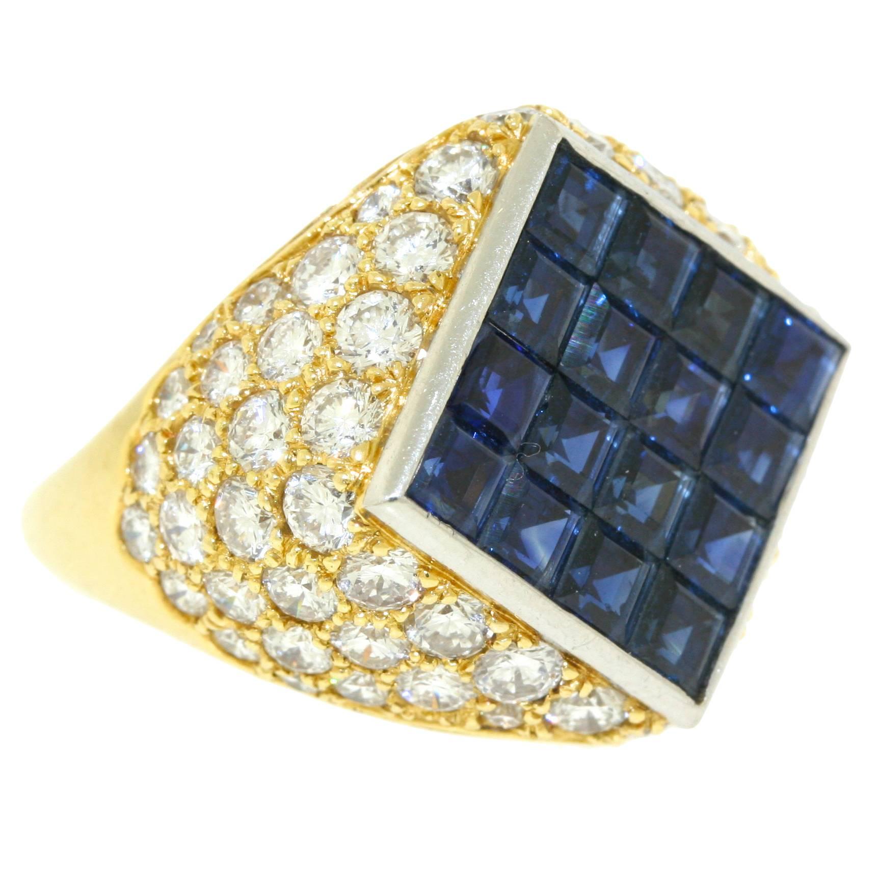 Van Cleef & Arpels Mystery Set Sapphire Diamond Gold Bombe Ring For Sale
