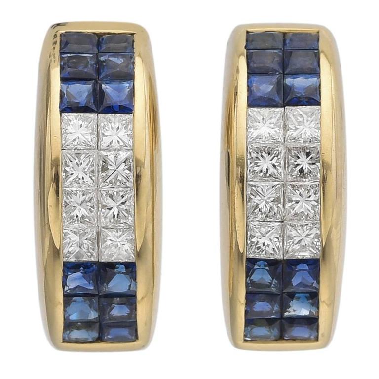 Sapphire Diamond Gold Half Hoop Earrings For Sale at 1stdibs