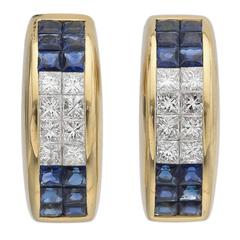 Sapphire Diamond Gold Half Hoop Earrings 2