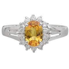 Yellowish Orange Sapphire Diamond Platinum Cluster Ring