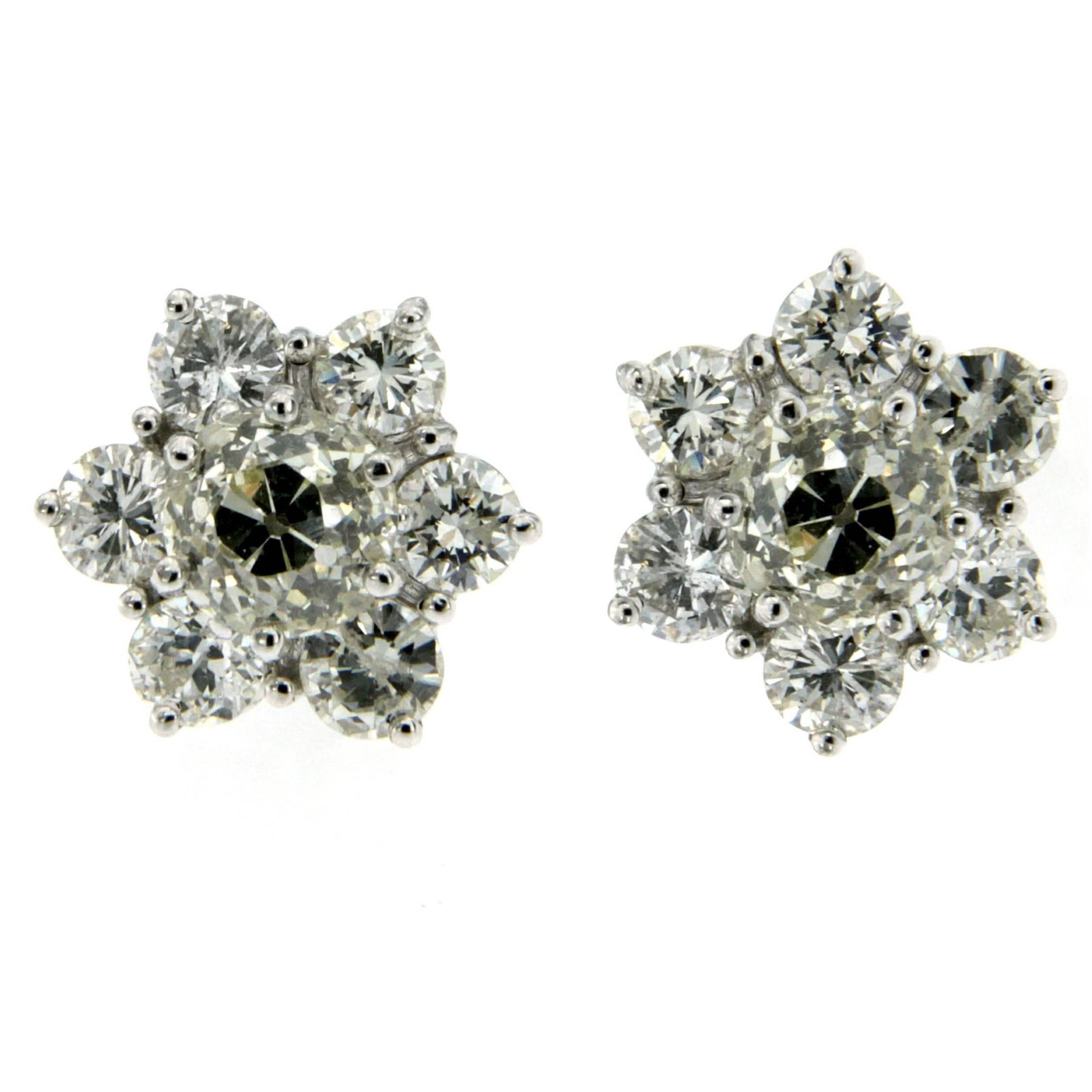 1930s 3.76 Carats Old Mine Cut Diamonds Gold Cluster Earrings