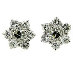 Vintage 1930s 3.76 Carats Old Mine Cut Diamonds Gold Cluster Earrings