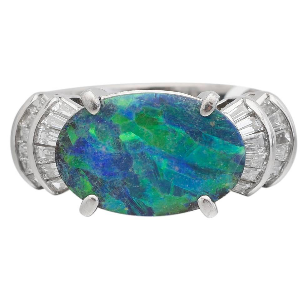 Opal Diamond Platinum "East-West" Ring