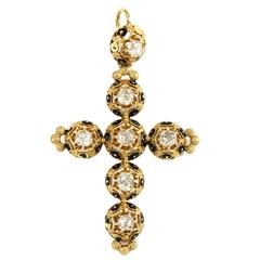 Antique 1900s French Diamond Swiss Enamel Cross Pendant