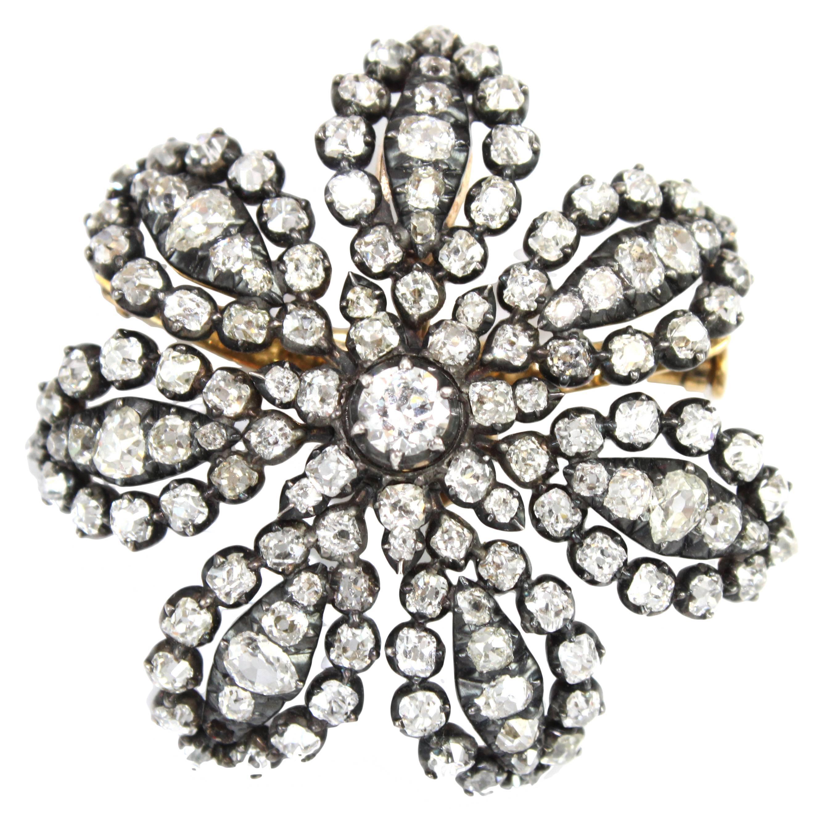 Victorian Old Cut Diamond Floral Pendant Brooch