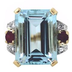 Retro 13 Carat Aquamarine Ruby Diamond Gold Ring