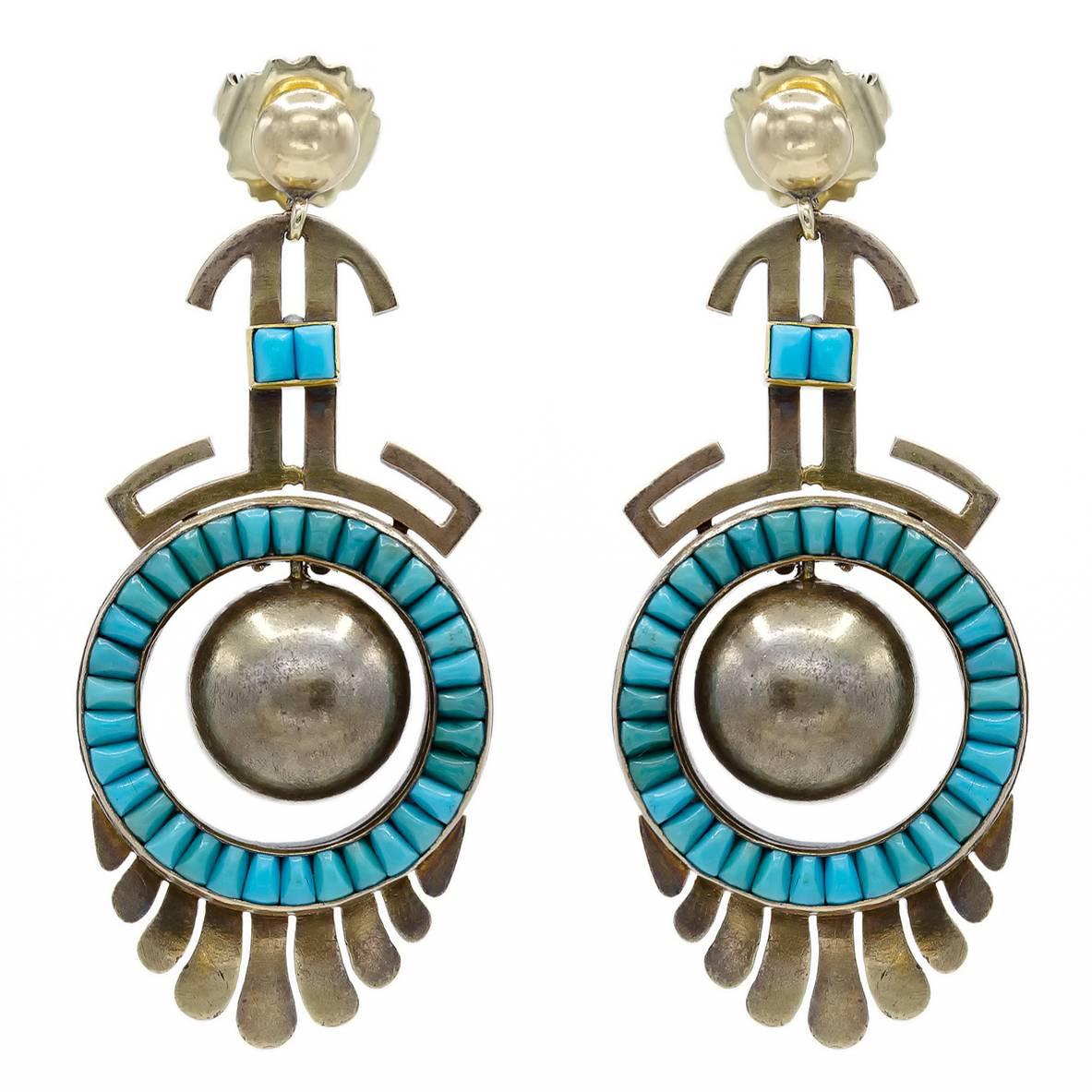 Tribal Turquoise Gold Dangling Post Earrings