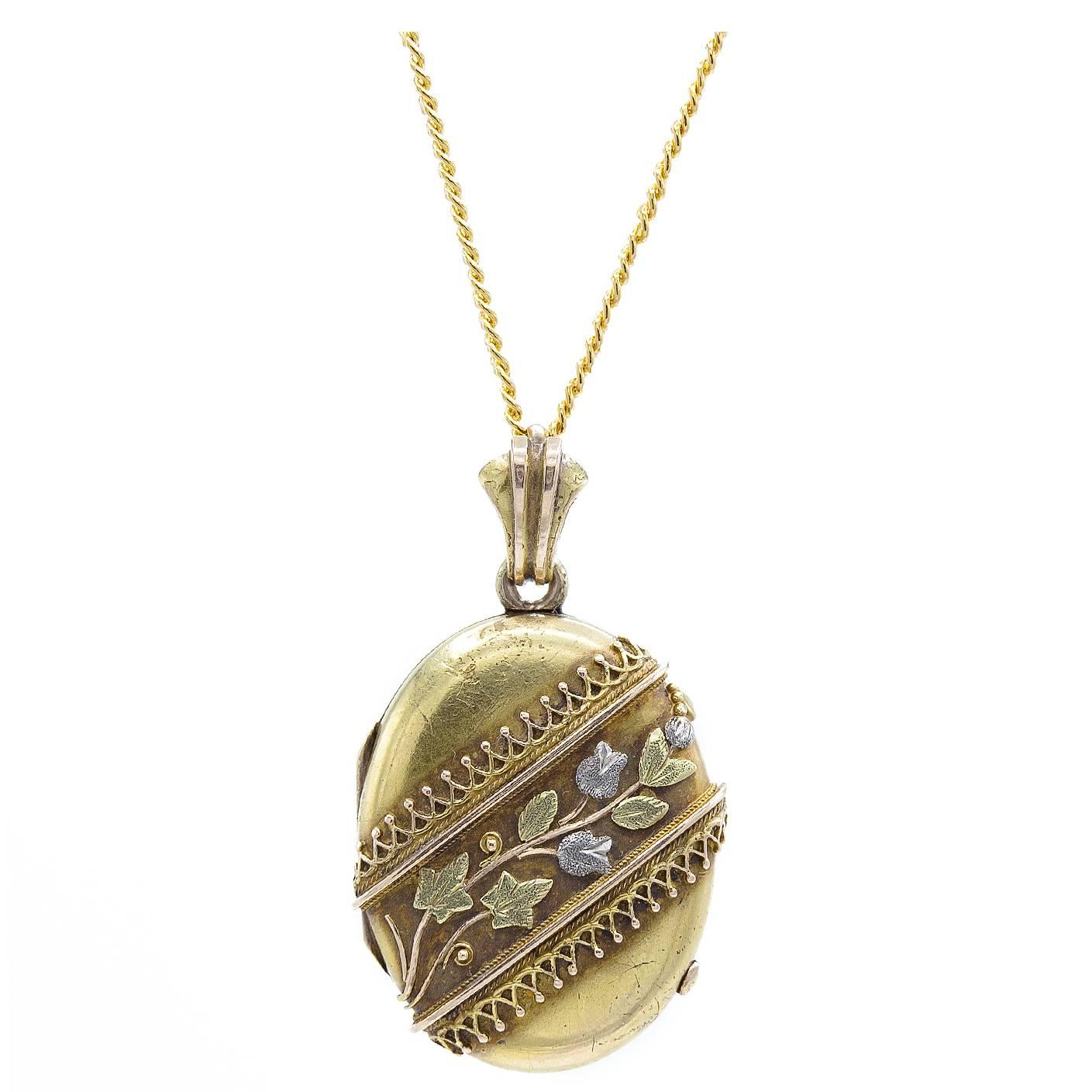 Antique Multicolor Gold Platinum Locket with Band of Flowers and Leaves
