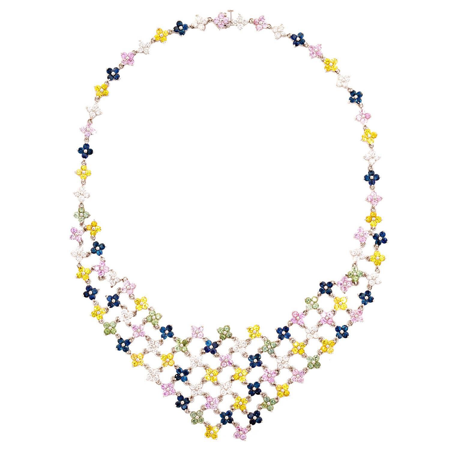 Multicolor Sapphire Diamond Gold Flower Necklace