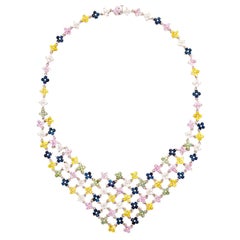 Multicolor Sapphire Diamond Gold Flower Necklace