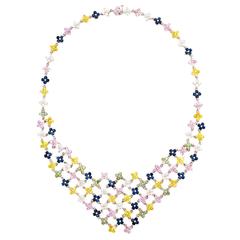 Multicolor Sapphire Diamond Gold Flower Necklace 10