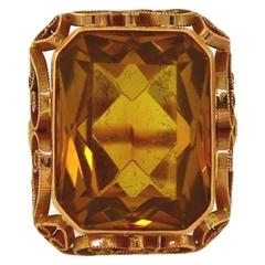 1960s Orange Glass Rectangle Center Stone Gold Milgrain Scroll Ring 1960s Orange Glass Rectangle Center Stone Gold Milgrain Scroll Ring