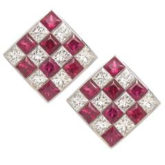 Tiffany & Co. Ruby Diamond Gold Checkerboard Earrings