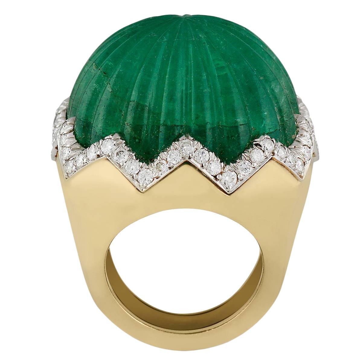 1960s David Webb Carved Emerald Diamond Gold  Ring