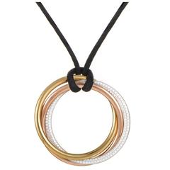 Cartier Trinity Three Color Gold Diamond Pendant and Silk Cord Necklace
