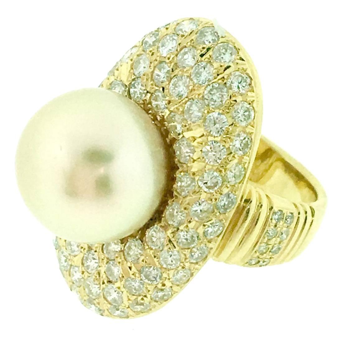 Golden South Sea Pearl Pave Diamond Gold Ring