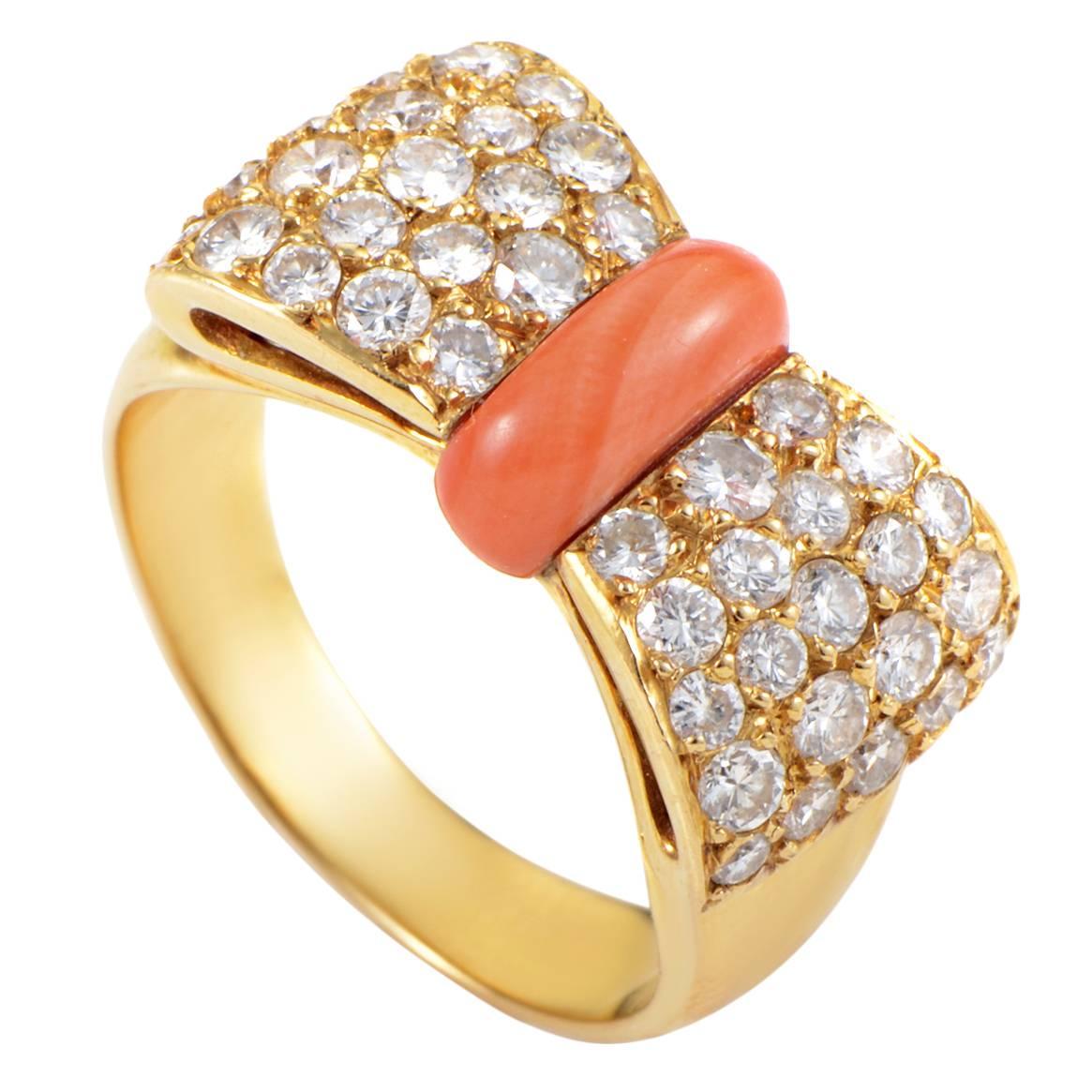 Van Cleef & Arpels Coral Diamond Pave Gold Bow Ring