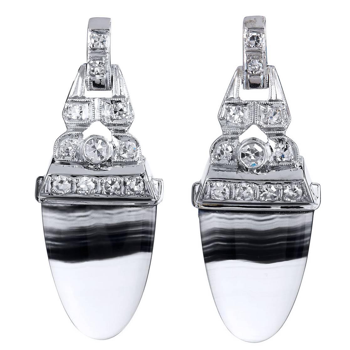Art Deco Style Up-Cycled Banded Agate Diamond Platinum Earrings For Sale