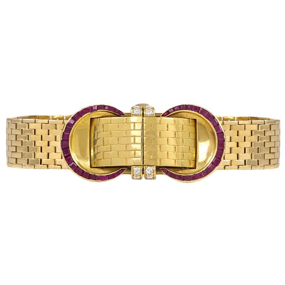 John Rubel Ladies Yellow Gold Diamond Ruby Covered Wristwatch