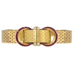 Retro John Rubel Ladies Yellow Gold Diamond Ruby Covered Wristwatch