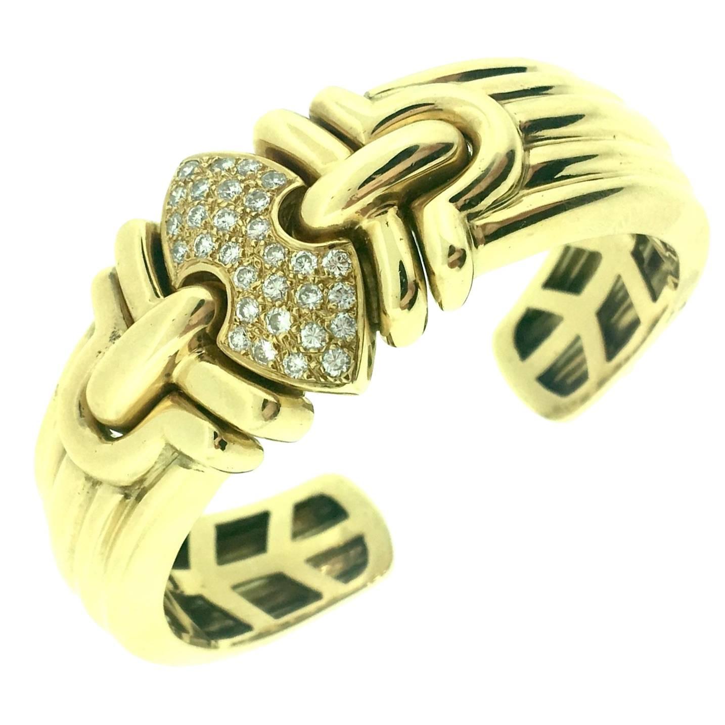  Diamond Pave Gold Wide Ridged Cuff Bangle Bracelet 
