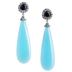 Laguna Blue Agate Black Spinel Diamond Gold Dangle Earrings